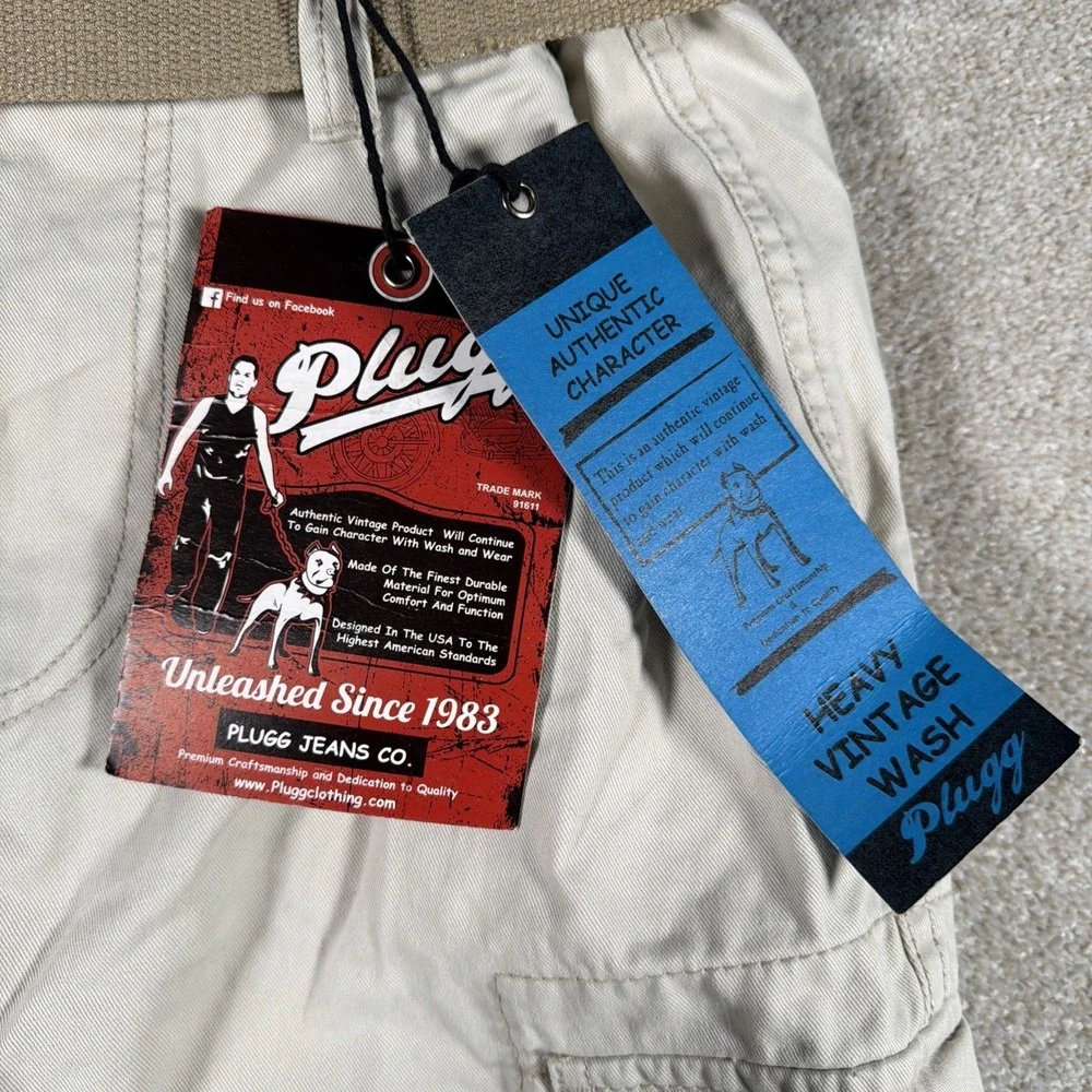 Plugg Mens Belted Cargo Shorts 30 10.5 Inseam Heavy Vintage Driftwood Cotton NEW - Picture 3 of 10